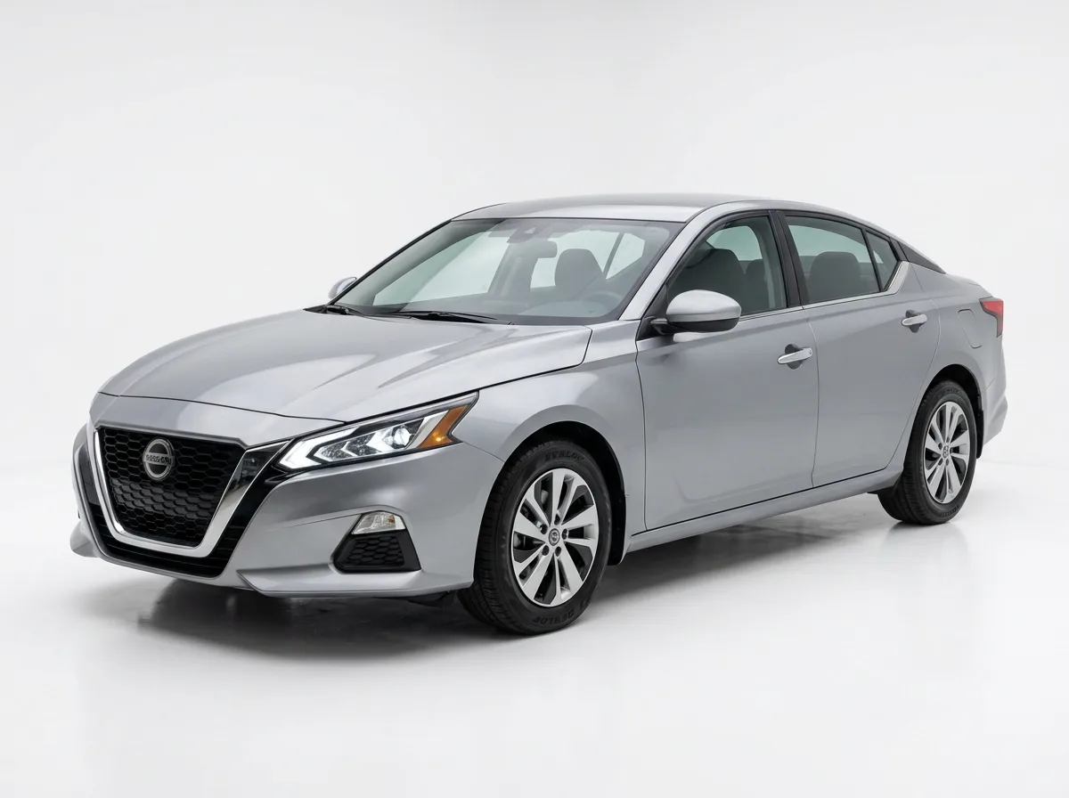 Nissan Altima full-size sedan, silver gray, 3/4 front angle, white studio product shot, rental car photography