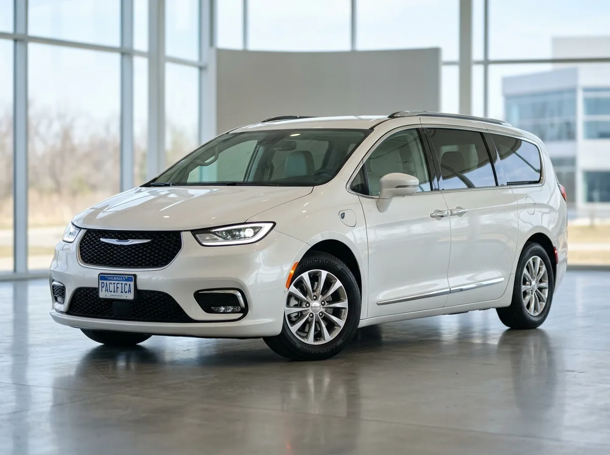 Chrysler Pacifica minivan, white pearl, 3/4 front angle, family vehicle product photography, clean background