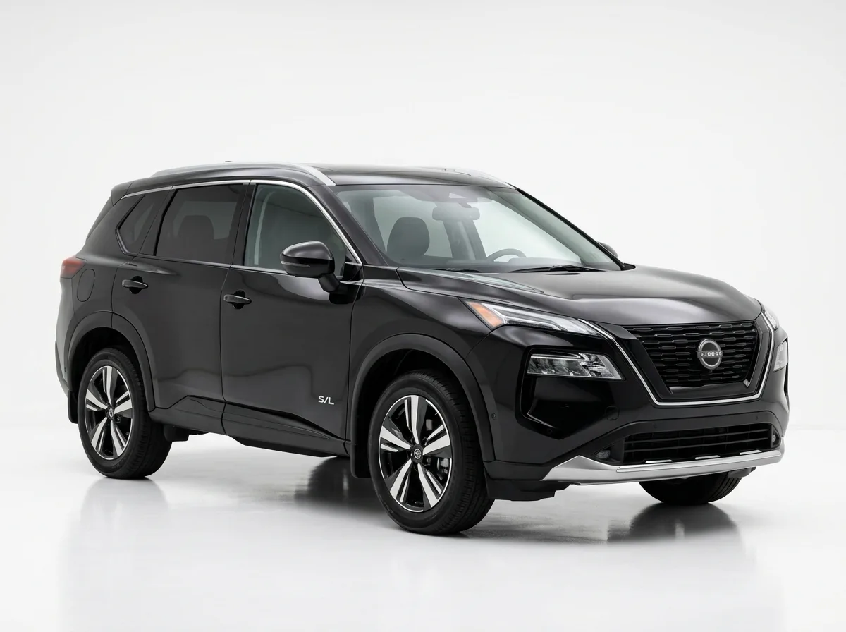 Nissan Rogue crossover SUV, black, 3/4 front view, studio white background, automotive fleet product photo