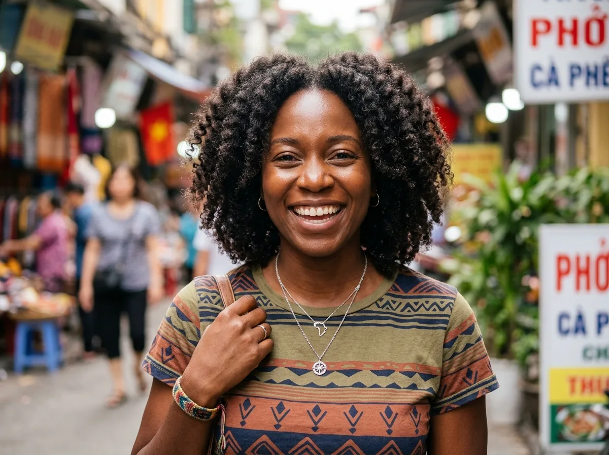 Portrait of Sandra Okafor, female traveler, early 30s, casual smiling headshot