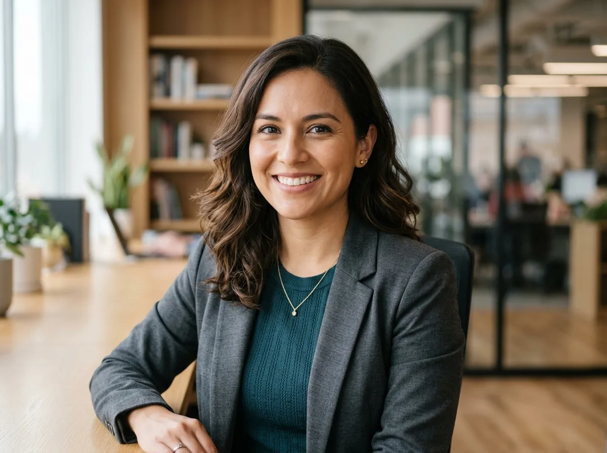 Portrait of Elena Vasquez, Latina woman, 30s, casual business attire headshot